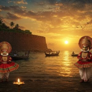 A panoramic view of Kasaragod's iconic Bekal Fort at sunset, with its massive laterite stone walls glowing in warm orange light, overlooking the Arabian Sea. Traditional Theyyam performers in elaborate, vibrant red and gold costumes with towering headgears perform in the foreground, their movements captured in a dynamic pose. The scene is adorned with intricate Malayalam-style mandala patterns floating in the air, intertwined with delicate representations of Yakshagana masks. In the middle ground, local fishermen in traditional attire cast nets from their wooden boats, while coconut palms sway in the coastal breeze. The sky features a magical blend of deep saffron and peacock blue, with subtle Madhubani-style cloud patterns. The scene is rendered in a fusion of hyperrealistic digital art with traditional Indian art elements, featuring rich, deep colors and intricate details. Soft golden light illuminates the entire scene, creating an ethereal atmosphere. In the foreground, traditional Kerala-style brass lamps cast a warm glow, with detailed architectural elements of traditional tharavadu houses visible in the background.