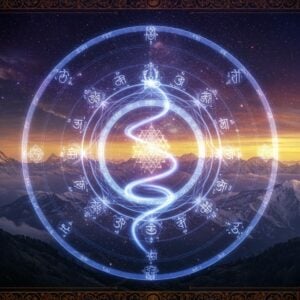 A mesmerizing cosmic scene depicting Lord Shiva in his abstract form as a luminous blue energy spiral merging with reality itself. The central focus shows a golden Trishul emerging from a glowing Sri Yantra, surrounded by 36 tattvas represented as concentric rings of light in shades of deep indigo, cosmic purple, and celestial blue. Floating Sanskrit symbols transform into swirling energy patterns. The background features the snow-capped peaks of Kashmir with the rising sun creating an ethereal golden glow. Multiple translucent layers of reality fold into each other, symbolizing Abhinavagupta's non-dualistic philosophy. Intricate Kashmiri architectural patterns and motifs frame the scene, rendered in gold filigree. The overall composition has a dramatic vertical flow, with streams of consciousness represented by flowing white light ascending upward. Photorealistic rendering with mystical elements, deep rich colors, and sophisticated lighting effects. The scene captures both transcendence and immanence, with subtle references to Kashmir Shaivism's tantric roots through sacred geometric patterns.