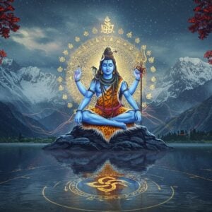 A mystical scene depicting Lord Shiva in Kashmir Shaivite form, seated in deep meditation on a snow-capped Himalayan peak, rendered in a fusion of traditional Indian and modern digital art. His form is ethereal, with translucent blue skin emitting a soft glow, four arms holding a trident, damaru, lotus, and displaying abhaya mudra. The central figure is surrounded by 36 intricate tattvas represented as geometric mandalas in gold and white, spiraling outward. In the background, Kashmir's iconic chinar trees with red-gold leaves frame the scene. The foreground features a reflective lake surface showing the symbol of Trika philosophy - three intertwining golden lines. Swirling energy patterns in deep blues and purples represent the dynamic Shakti. Sacred Sanskrit symbols float subtly in the atmosphere like sparkles. The lighting is dramatic with a combination of cool Himalayan blues and warm spiritual golden hues. The art style combines hyperrealistic details with ethereal, flowing elements and intricate Kashmiri artistic patterns. The overall composition creates a sense of profound spiritual depth and cosmic consciousness.