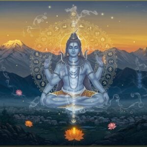 A serene mountainous landscape of Kashmir at dawn, with snow-capped Himalayan peaks in the background bathed in golden light. In the center, a luminous, translucent figure of Lord Shiva in deep meditation, depicted in traditional Kashmiri Shaivite style with three eyes, crescent moon, and matted locks flowing with the cosmic energy. The figure emanates concentric rings of blue-white light forming Sanskrit Devanagari patterns. Around him, 36 tattvas of Kashmir Shaivism represented as interconnected mandala patterns in gold and deep blue. The scene features floating lotus flowers, streams of consciousness depicted as flowing ribbons of light, and the sacred Trika triangle in shimmering gold. Multiple translucent layers showing the five acts of Shiva - creation, preservation, dissolution, concealment, and grace. The artwork combines traditional Kashmiri miniature painting style with modern digital aesthetics, featuring rich colors like deep blues, saffron, and metallic gold. Mystical smoke patterns and subtle geometric forms suggest the non-dualistic philosophy. The overall composition creates a sense of profound spirituality and cosmic consciousness.