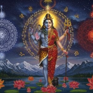 An ethereal scene depicting Lord Shiva in his Ardhanarishvara form, half masculine and half feminine, emerging from a cosmic spiral of deep blue and golden light. The right male half shows ash-covered skin holding a trident, while the left female half wears red silk and gold ornaments. Above, floating Sanskrit characters transform into streams of luminous energy. Two distinct mandalas hover on either side - one in Kashmir Shaivite style with concentric circles of pure consciousness in shades of white and gold, the other a Sri Yantra representing Tantric traditions in deep red and black. The background features the snow-capped peaks of Kashmir, with the Jhelum river flowing below in a stylized Madhubani pattern. Swirling cosmic energies in metallic copper and silver connect both mandalas to Shiva's form. The scene is illuminated by a supernatural light creating an interplay of shadows and divine radiance. Multiple lotus flowers in various stages of bloom float in the foreground, rendered in a modern minimal style with gold outlines. Art style combines traditional Indian iconography with contemporary digital art techniques, emphasizing depth and dimensional lighting.