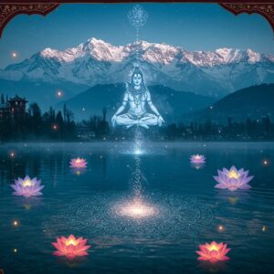 A serene mountain scene in Kashmir with snow-capped Himalayan peaks in the background, where a mystical Lord Shiva figure in deep meditation poses floats above a crystal-clear mountain lake. The figure emanates a subtle blue aura and has intricate Kashmiri patterns flowing around him. In the foreground, a detailed mandala pattern made of swirling energy represents the 36 tattvas of Kashmiri Shaivism, transitioning from deep indigo at the edges to pure white light at the center. Multiple translucent lotus flowers float on the lake's surface, each glowing with inner light. The scene is illuminated by both moonlight and the spiritual radiance from Shiva, creating ethereal reflections on the water. Traditional Kashmiri architectural elements like spires and arches frame the composition on both sides, decorated with detailed Madhubani-style patterns in gold and deep maroon. Soft floating lights resembling fireflies add a magical quality, while subtle sacred geometry patterns in the sky suggest the non-dual nature of reality. The overall color palette combines deep blues, soft golds, and crystalline whites, with the style merging photorealistic elements with traditional Indian art techniques. There's a gentle mist partially veiling the distant mountains, adding depth and mystery to the scene.