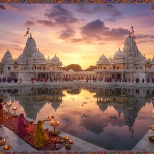 A majestic aerial view of the ancient Katas Raj temple complex at sunset, with its pristine white marble structures reflected in the sacred pond, creating perfect symmetry. The temples glow with warm golden light against a dreamy purple-orange sky. In the foreground, devotees in colorful traditional Pakistani and Indian attire perform aarti ceremonies with brass lamps, creating multiple points of dancing light. Intricate Madhubani-style borders frame the scene, featuring geometric patterns and peacock motifs in deep indigo and gold. The sacred pond shows hints of lotus flowers, with soft ripples disturbing the temple reflections. Ethereal rays of light filter through clouds, illuminating the temple spires. The architectural details of the temples are precisely rendered, showing the Indo-Greek fusion style with detailed carvings and sculptures. Floating diyas and flower petals dot the sacred pond's surface, while incense smoke creates mystical swirls in the evening air. The scene is rendered in a photorealistic style with magical realism elements, emphasizing the spiritual atmosphere through subtle glowing effects and atmospheric lighting.