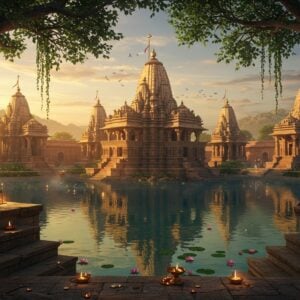 A majestic ancient temple complex nestled in rolling hills, featuring seven intricately carved sandstone temples in Nagara architectural style surrounding a pristine crystal-blue pond. The central temple, with its curved shikhara spire, reflects perfectly in the sacred pool's mirror-like surface. Rich, warm evening sunlight bathes the scene, casting long shadows and highlighting the detailed carved reliefs of Hindu deities and geometric patterns on temple walls. Floating lotus flowers dot the pond's surface. In the foreground, stone steps decorated with traditional Madhubani-style patterns lead down to the water. The scene incorporates mystical elements with subtle golden light streams and ethereal mist rising from the water. Small oil lamps float on the pond, creating dancing reflections. The color palette features deep terracotta, warm gold, weathered stone grays, and peaceful blue tones. The composition includes ancient banyan trees with hanging roots framing the temples, their leaves casting intricate shadows on the ancient stones. Ornate architectural details show both Hindu and Buddhist influences, with detailed carvings of Lord Shiva and scenes from the Mahabharata visible on the temple walls. Hyperrealistic digital art style with atmospheric lighting and photographic quality, blended with traditional Indian art motifs.