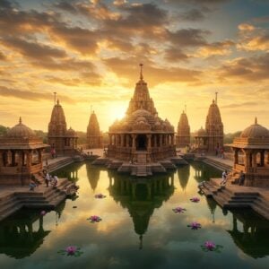 A majestic aerial view of the Katas Raj temple complex during golden hour, showcasing seven ancient sandstone temples arranged in a circular pattern around a crystal-clear sacred pond reflecting the sky. The temples feature intricate Nagara-style architecture with detailed carved spires, ornate pillars, and geometric patterns. The scene combines traditional Madhubani art style with modern digital aesthetics, showing restoration workers carefully preserving ancient carvings using modern tools. The foreground shows delicate lotus flowers floating on the pond, while the background features soft, ethereal clouds in shades of saffron and gold. Magical streams of golden light illuminate the temple domes, creating a supernatural glow. The scene includes subtle motifs of Hindu mythology carved into the temple walls, with careful attention to archaeological accuracy. The lighting creates dramatic shadows that emphasize the architectural details, while a gentle mist adds an element of mysticism. The color palette focuses on warm sandstone colors, deep maroons, and peaceful blues, with touches of gold leaf effect on the temple tops. The composition should be cinematic and awe-inspiring, captured in ultra-high definition photorealistic style with elements of magical realism.