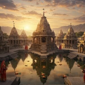 A majestic aerial view of the ancient Katas Raj temple complex at golden hour, with seven interconnected limestone temples arranged in a mandala pattern around a crystalline sacred pond reflecting the warm sunset sky. The temples feature intricate Nagara architecture style with detailed carved spires and ornate geometric patterns. The scene is enhanced with soft, ethereal lighting creating a mystical atmosphere, with gentle rays of sunlight filtering through clouds, casting long shadows across the weathered stone structures. In the foreground, local Pakistani women in vibrant traditional Punjabi attire (deep blues, rich maroons) carry clay pots. The surrounding Salt Range mountains appear in muted browns and purples in the background, with wispy clouds adding depth. Small oil lamps float on lotus leaves in the sacred pond, creating points of golden light. The art style combines hyperrealistic architectural details with a dreamy, surreal quality, featuring rich textures and a warm color palette of golds, terracottas, and deep blues. The scene includes subtle Hindu and Buddhist architectural elements, emphasizing the site's historical significance and interfaith heritage.