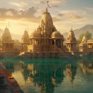 An ancient stone temple complex nestled in misty Pakistani hills at sunset, featuring seven interconnected Hindu temples with intricate Nagara architecture and ornate carvings. The central temple reflects in a sacred pond with crystal-clear turquoise water, creating perfect symmetry. The scene is bathed in golden-orange light with rays filtering through clouds, highlighting the weathered limestone structures. Traditional geometric patterns and Sanskrit inscriptions adorn the temple walls. In the foreground, stone steps lead to the water's edge, decorated with fresh marigold garlands and oil lamps. Surrounding trees cast long shadows, while distant mountains create a dramatic backdrop. The atmosphere is mystical with subtle floating particles catching the light. Art style combines photorealistic architectural details with ethereal lighting and soft, dreamy edges. The color palette features warm sandstone, deep turquoise water, golden sunset hues, and touches of marigold orange. The scene captures both historical grandeur and spiritual serenity, rendered in high-detail cinematic composition.