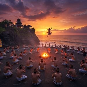 A dramatic sunset scene at Uluwatu Temple perched on a steep cliff, silhouetted against a vibrant orange-purple sky with dancing clouds. In the foreground, a circular formation of 50+ bare-chested Balinese male dancers in traditional black and white checkered sarongs, their hands raised in intricate gestures. They create concentric circles around a central fire pit emanating golden flames. Golden light bathes the scene, casting long shadows. The dancers' expressions are intense and focused, some with their heads thrown back in the characteristic "cak" chant. Traditional Hanuman character in white and red costume leaps dynamically through the sacred fire, creating sparks and embers that float upward. The Indian Ocean crashes against the cliff base below, creating misty sprays. Ornate Balinese temple architecture with multiple tiers and traditional meru towers frames the scene, decorated with golden accents and flowing fabric in the wind. The art style combines hyperrealistic digital painting with elements of traditional Indian mandala patterns in the sky and architectural details, using rich colors of deep orange, gold, indigo, and crimson. Soft glowing lights from traditional Balinese oil lamps create a mystical atmosphere.
