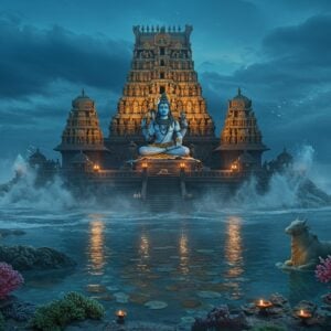 A majestic ancient Shiva temple emerging from misty coastal waters, its traditional Dravidian architecture featuring intricate golden-hued gopurams with detailed sculptures. Lord Shiva appears as Naguleswaram, with a divine cobra hood above his head, seated in deep meditation. The temple structure reflects in the sacred pool's crystal-clear waters. Ethereal blue light emanates from the temple, while traditional oil lamps create warm golden highlights. In the foreground, a beautifully detailed stone Nandi statue faces the temple. The scene incorporates elements of both underwater and surface world - with stylized waves, coral formations, and water lilies in Madhubani art style. Mystical fog swirls around the temple base, merging with sea spray. The color palette focuses on deep blues, gold, and coral tones. The architecture features authentic Sri Lankan Tamil temple design elements with modern digital art treatment. The atmosphere is serene and mysterious, with soft glowing lights and subtle divine aura. Hyperrealistic digital art style with magical realism influences.