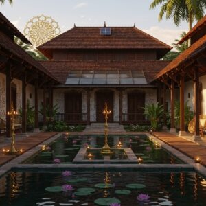 A grand Kerala-style traditional mansion (nalukettu) seamlessly blending with modern elements, featuring sloped terracotta-tiled roofs, dark wooden pillars, and intricate wooden carvings in rich mahogany. The central courtyard showcases a contemporary glass ceiling above a traditional pond with blooming lotus flowers. Traditional brass oil lamps (nilavilakku) emit a soft golden glow. The architecture incorporates sustainable elements like solar panels integrated into the sloped roof design. The scene is set during golden hour, with warm sunlight filtering through the ornate wooden jalis casting intricate shadow patterns. Modern minimalist furniture made of cane and bamboo complements the traditional wooden verandah. Lush tropical vegetation surrounds the house, including banana plants, jackfruit trees, and coconut palms. The foreground features a sleek infinity pool that reflects the traditional architecture. Madhubani-style patterns adorn the white walls, creating a perfect fusion of old and new. The scene should be rendered in a photorealistic style with attention to architectural details, textures, and lighting, enhanced with surreal elements like floating golden mandalas and ethereal light streams.