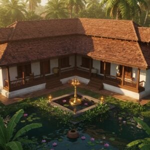 A stunning aerial perspective of a traditional Kerala mansion with sloped terracotta tiled roof and white-washed walls, nestled amidst lush coconut palms and water bodies. The architecture features ornate wooden pillars with intricate Madhubani-style carvings in deep mahogany, complemented by brass oil lamps. The courtyard (nalukettu) is visible from above, showing a central pool with floating lotus flowers in pastel pink. Warm golden sunlight filters through the surrounding verandah's wooden lattice work, creating intricate shadow patterns. The scene includes elements of traditional Kerala architecture like sloping roofs with detailed cornices, ethnic wooden windows (aalakkatt), and ornamental gables. The landscape incorporates a small pond with water lilies, surrounded by banana leaves and native flora. The color palette combines earthy browns, forest greens, and warm golds, with accents of peacock blue in decorative elements. The style merges photorealistic architectural details with ethereal lighting and surreal environmental elements, creating a dreamlike quality while maintaining structural accuracy. Rendered in high detail with atmospheric lighting suggesting early morning or late afternoon.