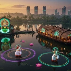 A stunning aerial view of Kerala's backwaters at golden hour, featuring a traditional wooden kettuvallam (houseboat) adorned with intricate Madhubani-style patterns in gold and peacock blue. In the foreground, a modern glass-and-steel building seamlessly integrates with coconut groves, its facade featuring digital projections of traditional Kathakali masks. A group of three elegant Indian women in modernized Kerala kasavu sarees perform Mohiniyattam with LED-enhanced movement trails around them. The scene includes floating lotus flowers with holographic displays showing snippets of Kalaripayattu movements. The background showcases misty Western Ghats with ancient spice plantations merging into vertical gardens on eco-friendly skyscrapers. Soft drone lights illuminate the scene like traditional oil lamps, creating a magical blend of past and future. The color palette combines traditional Kerala whites and golds with futuristic neon accents in teal and purple. Hyperrealistic digital art style with photorealistic textures and atmospheric lighting, 8K resolution, cinematic composition, ray tracing, volumetric lighting.