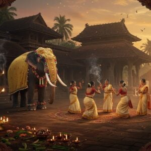 A serene Kerala temple courtyard at golden hour, with traditional brass oil lamps (nilavilakku) illuminating the foreground. A majestic elephant adorned with gold-embellished nettipattam stands regally beside the temple, decorated with vibrant flowers and peacock feathers. The temple architecture features intricate wooden carvings and sloped terracotta-tiled roofs typical of Kerala style. Mist-covered backwaters visible in the background with coconut palms silhouetted against a warm orange-pink sky. Traditional Kerala women in cream and gold kasavu sarees perform thiruvathirakali dance in a circle, their hair adorned with fresh jasmine flowers. Smoke from incense creates ethereal swirls in the air, catching golden light. The scene includes detailed Madhubani-style patterns in the borders, featuring lotus motifs and peacocks in deep maroon and peacock blue. The lighting is dreamy and atmospheric, with oil lamps creating a warm glow that highlights the intricate architectural details and the spiritual ambiance. Photorealistic digital art style with magical realism elements.