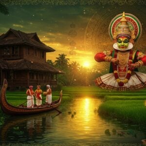 A majestic scene depicting Kerala's essence, showing a traditional Kerala-style wooden architecture mansion (nalukettu) with sloped terracotta-tiled roof, surrounded by emerald green paddy fields and towering coconut palms. In the foreground, a serene backwater scene with a graceful snake boat (chundan vallam) adorned with intricate Madhubani-style patterns in gold. The water reflects golden sunset light, creating mirror-like reflections. An ethereal kathakali dancer in vibrant green and red attire, with detailed facial makeup and ornate headgear, performs with dramatic hand gestures against a glowing mandala background. The scene includes subtle elements of Kerala culture - a brass nilavilakku (traditional lamp), banana leaves with sadya (traditional feast), and ethereal theyyam performers in the background. The color palette features deep greens, golden yellows, peacock blues, and rich reds. Soft glowing orbs and delicate lotus patterns float in the air, creating a mystical atmosphere. The entire composition is framed by intricate Kerala mural art patterns, with elephants and traditional motifs in gold detailing. Photorealistic digital art style with magical realism elements, cinematic lighting emphasizing the golden hour glow.