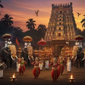 A majestic Kerala temple at twilight with soaring gopurams illuminated by hundreds of traditional brass oil lamps, decorated with intricate golden details and sacred symbols. In the foreground, a grand procession featuring fifteen decorated elephants adorned with nettipattam (golden headdresses) and colorful umbrellas, led by traditional Chenda melam artists in cream and gold vestis. The scene is alive with motion as temple dancers in rich red and gold Mohiniyattam costumes perform gracefully. The atmosphere is enhanced by spiraling incense smoke and floating temple flags in saffron and red. Multiple percussionists playing thayambaka create dynamic energy, their movements captured mid-performance. The background features towering palm trees silhouetted against a deep purple-orange sunset sky, with golden light filtering through. Sacred fire torches line the temple courtyard, casting dramatic shadows and warm glows. The overall scene combines photorealistic details with ethereal lighting and magical atmosphere, rendered in a style blending traditional Keralan mural art with modern digital aesthetics. The color palette focuses on deep golds, rich reds, royal purples, and warm oranges.