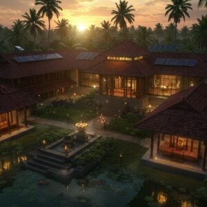 A grand aerial perspective of a traditional Kerala nalukettu mansion seamlessly blending with modern glass architecture, set against lush tropical backdrop with towering coconut palms. The nalukettu features authentic red-tiled sloping roofs, intricate wooden carvings, and traditional lamp-lit courtyards. In the foreground, a magnificent temple pond (kerala style) with granite steps reflects the golden sunset. The scene includes modern sustainable elements like solar panels integrated into traditional architecture, vertical gardens, and smart lighting systems. The composition shows both a centuries-old Padmanabhaswamy temple-inspired structure and a contemporary interpretation of Kerala architecture with sleek lines and eco-friendly materials. The lighting captures the warm, golden hour glow, highlighting the intricate woodwork and brass fixtures. Ethereal mist floats around the scene, creating a mystical atmosphere. Art style combines traditional Keralan mural art techniques with modern digital aesthetics, featuring rich emerald greens, deep browns, and burnished gold accents. The scene should have photorealistic quality with magical realism elements, rendered in high detail with atmospheric lighting.