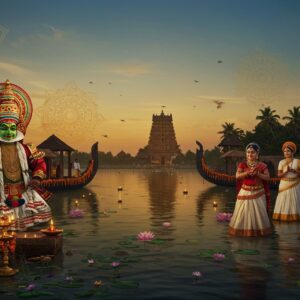 A stunning panoramic scene of Kerala's backwaters at dusk, with traditional snake boats (Chundan Vallam) adorned with vibrant marigold garlands and oil lamps. In the foreground, Kathakali dancers in elaborate green and red costumes and distinct facial makeup perform gracefully, their expressions captured mid-movement. The scene features three Theyyam performers with towering red and gold headdresses, their bodies painted in intricate patterns, creating a dramatic contrast against the serene backdrop. Soft golden light illuminates the scene, reflecting off the calm waters. Traditional Kerala temple architecture with copper-topped roofs visible in the background, surrounded by coconut palms. Delicate mandala patterns in gold float in the air, while Mohiniyattam dancers in elegant white and gold costumes twirl at the water's edge. The sky features subtle peacock blue and saffron gradient, with floating lotus flowers and oil lamps creating a magical atmosphere. Style combines traditional Pattachitra art techniques with modern digital aesthetics, emphasizing rich colors and intricate details. 8k resolution, cinematic lighting, photorealistic details.