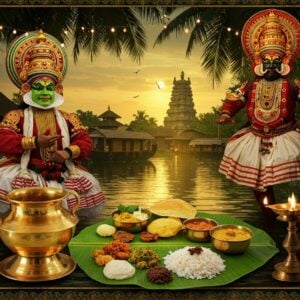 A mesmerizing scene of Kerala's cultural essence with a traditionally dressed Kathakali performer in vibrant green-gold face paint and elaborate headdress performing alongside a fierce Theyyam dancer in blazing red-gold costume with towering headgear, both in dynamic poses against a backdrop of Kerala's backwaters. The water reflects golden evening light, with houseboats adorned with banana leaves and marigold garlands gliding past. In the foreground, a polished bronze uruli contains a traditional Kerala sadhya served on a fresh banana leaf, displaying colorful dishes like avial, olan, and red rice, garnished with curry leaves. Coconut palms frame the scene, their fronds creating intricate shadows. Temple architecture with distinctive Kerala-style sloped roofs and brass oil lamps visible in the background. The scene incorporates Madhubani-style decorative patterns in gold and peacock blue around the borders, while maintaining a modern digital art aesthetic. Soft glowing diyas and string lights add ethereal illumination. The overall color palette features deep greens, rich golds, burnt oranges, and peaceful backwater blues, creating a harmonious blend of tradition and artistry.