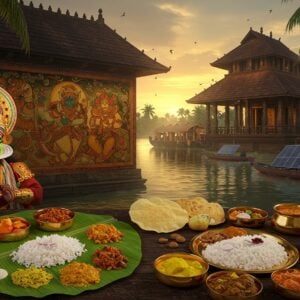 A stunning panoramic view of a traditional Kerala temple at sunset, with golden light reflecting off its copper-plated roof and intricate wooden architecture. In the foreground, an elaborately arranged banana leaf serves traditional Kerala sadhya with 12 distinct dishes including golden-hued parippu curry, vibrant red fish curry, and white rice. To the left, a Kathakali dancer in full costume and makeup performs, his green face paint and elaborate headpiece captured in stunning detail. The middle ground shows a large Kerala mural painting in progress, with an artist working on depicting Krishna's tales using traditional earth-tone colors. Houseboats with modern solar panels glide on serene backwaters in the background. The scene is illuminated by warm golden hour lighting with hints of modern LED temple lights. Coconut palms frame the composition, their leaves casting intricate shadows. The style combines hyperrealistic digital art with traditional Kerala mural art techniques, featuring rich colors like deep greens, burnished golds, and earthy reds. Ethereal mist rises from the backwaters, creating a mystical atmosphere. The scene seamlessly blends traditional elements with subtle modern touches, suggesting a contemporary yet culturally rich Kerala.