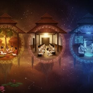 A grand ethereal scene depicting the evolution of Kerala's education through time, showing three interconnected circular portals floating in a mystical space. In the first portal, an ancient Kerala classroom under a banyan tree with students sitting cross-legged on palm leaves, learning from a guru in traditional mundu. The middle portal shows a 1970s Kerala classroom with children in white uniforms and teachers in traditional Kerala sarees. The third portal reveals a futuristic 2025 classroom with holographic displays and students using advanced technology, while maintaining traditional Kerala architectural elements. The scene is illuminated by warm golden light, with traditional Kerala architectural motifs like sloped tiled roofs and wooden pillars blending seamlessly with modern elements. Intricate Madhubani-style patterns frame each portal, decorated with Malayalam-inspired designs. Sacred lotus flowers float in the foreground, while constellation-like connected dots symbolizing knowledge spread across the ethereal background in peacock blue and deep saffron hues. The scene maintains a surreal, dreamlike quality with soft glowing elements and a gradient from traditional earthy tones to modern electric blues.