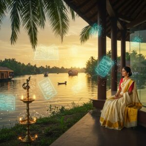 A serene riverside scene in Kerala with lush green palm trees, where a modern glass-and-traditional architecture library merges seamlessly with nature. A young Indian woman in contemporary Kerala attire (cream and gold kasavu saree) sits on an ornate wooden verandah, surrounded by floating holographic books in Malayalam script. Traditional brass oil lamps (nilavilakku) emit golden light that transforms into digital particles. The scene features a backdrop of backwaters at sunset with traditional houseboats adorned with LED lights. Intricate Madhubani-style patterns in gold and peacock blue form flowing river-like designs in the sky. Multiple layers of reality blend - physical books transform into digital screens, while traditional palm leaf manuscripts hover nearby, glowing with an ethereal blue light. The lighting is warm and mystical, with rays of golden sunshine filtering through the palm leaves, creating a dreamlike atmosphere. The scene should incorporate Kerala's traditional architecture elements like sloped terracotta roofs and wooden pillars, but with futuristic holographic embellishments. Art style should be photorealistic with magical realism elements, emphasizing the blend of tradition and technology.