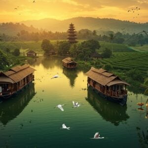A stunning aerial view of Kerala's backwaters during golden sunset, featuring traditional wooden houseboats with curved roofs adorned with intricate Malayali architectural details, floating on emerald-green waters. In the foreground, tall coconut palms lean gracefully over the water, their reflections creating perfect mirrors. A group of white spoonbills fly across the scene. The landscape transitions into terraced tea plantations on rolling hills in the background, misty mountains beyond. A ancient Kerala-style temple with multiple-tiered roof (gopuram) nestles among the hills. Traditional fishing nets (Chinese fishing nets) are silhouetted against the orange-gold sky. Small touches include lotus flowers floating on the water, spice plantations visible on the hillsides, and traditional Kerala-style lamps (nilavilakku) glowing softly along the shoreline. The scene combines photorealistic detail with ethereal lighting and soft, dreamy touches in the style of digital matte painting, rendered in rich, deep colors of emerald, gold, and deep blues. The composition should have a serene, mystical quality while maintaining geographical and cultural accuracy.