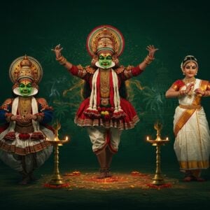A grand, cinematic composition showcasing three magnificent Indian performers in traditional Kerala art forms, arranged in a ethereal triangular formation against a deep emerald backdrop. In the center, a majestic Theyyam performer with elaborate red and gold headdress, vibrant facial makeup, and flowing red costume radiates divine energy with raised arms. To the left, a Kathakali artist in classic green facial makeup, ornate crown, and detailed costumes performs the distinctive eye movements. To the right, a graceful Mohiniyattam dancer in pristine white and gold kasavu saree, traditional temple jewelry, and jasmine-adorned hair captured in a fluid dancing pose. The scene is illuminated by multiple brass nilavilakku (traditional oil lamps) creating a warm, golden glow. Intricate kolam patterns in gold spread across the floor, while stylized coconut palms and temple architecture form silhouettes in the background. Swirling trails of incense smoke create ethereal patterns, merging with digital particle effects in gold and saffron. The artwork combines Madhubani-style decorative elements with modern digital art techniques, featuring rich textures and a color palette of deep greens, golds, reds, and cream white.