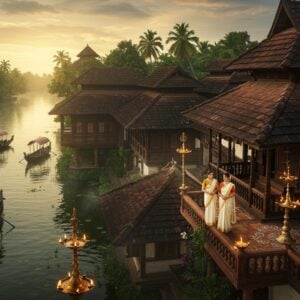 A majestic aerial view of a traditional Kerala palace with distinctive curved terracotta-tiled roofs and intricate wooden architecture, set against a backdrop of lush green palm trees and backwaters at golden sunset. The palace features ornate Malayalam-style architecture with carved wooden pillars, sloping roofs, and courtyards. In the foreground, two elegantly dressed Indian royal figures in traditional Kerala attire (man in white mundu with gold border, woman in cream-colored Kerala kasavu saree) stand on an ornate balcony. The scene is enhanced with floating golden oil lamps, intricate kolam patterns, and bronze temple bells. The lighting creates a dramatic interplay of shadow and light on the wooden structures, while ethereal mist rises from the surrounding water bodies. The color palette includes deep browns, forest greens, burnished gold, and ivory white. The style combines hyperrealistic architectural details with ethereal, dreamy lighting and traditional Malayali artistic elements. Small boats with ceremonial parasols glide on the backwaters, adding movement to the scene.