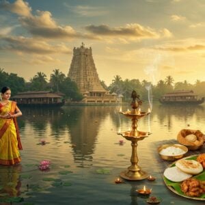 A serene aerial view of Kerala's backwaters at golden hour, with a majestic Sree Padmanabhaswamy temple emerging from sacred lotus-filled waters, its golden gopuram reflecting warm sunlight. In the foreground, an elegantly dressed Indian woman in traditional Kerala kasavu saree performs a classical bharatanatyam mudra near a traditional brass nilavilakku lamp with glowing flames. The scene includes a banana leaf spread with authentic Kerala cuisine - aromatic appam, kerala fish curry, and avial arranged in traditional bell metal vessels. Ethereal smoke from burning incense creates mystical patterns in the air, intertwining with delicate jasmine garlands. The background features coconut palms, traditional teak wood houseboats with curved edges, and layers of misty Western Ghats. The color palette combines deep greens, gold, ivory, and warm earth tones. The art style merges photorealistic details with mystical Madhubani patterns in the water ripples and sky. Soft divine light streams through clouds, creating a magical atmosphere. The scene is dotted with floating oil lamps on the water, their reflections creating a mesmerizing pattern of light.