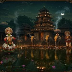 A serene night scene of an ancient Kerala temple with traditional architecture, illuminated by hundreds of brass oil lamps and moonlight. In the foreground, a large temple pond reflects the scene like a mirror, with floating lotus flowers and diyas. An ethereal female Kathakali dancer in vibrant green and gold costume performs near the water's edge, her elaborate headpiece and facial makeup capturing traditional artistry. Traditional Kerala elephants adorned with golden nettipattam stand majestically at the temple entrance, carrying ceremonial parasols. The temple's multiple-tiered roof (gopuram) features intricate wooden carvings decorated with gold leaf, while smoke from ritual incense creates mystical swirls in the air. The scene includes Theyyam performers in dramatic red and gold costumes in a dynamic pose against the backdrop. The color palette emphasizes deep greens, rich golds, and warm oranges. The lighting combines the warm glow of oil lamps with cool moonlight, creating a magical atmosphere. Madhubani-inspired patterns and motifs frame the scene, incorporating traditional Kerala symbols like coconut palms and banana leaves. The style merges photorealistic details with ethereal, dreamy elements, suggesting both historical authenticity and spiritual transcendence.