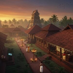 A serene aerial view of Kodungallur Bhagavathy Temple complex during sunrise, with golden rays illuminating its traditional Kerala architecture in Madhubani-inspired art style. The temple's distinctive red-tiled roof and copper-topped shrines gleam against a backdrop of lush coconut palms. Modern guest houses with traditional Kerala architecture seamlessly blend into the landscape, featuring comfortable balconies adorned with brass lamps and jasmine garlands. Devotees in traditional attire (women in cream and gold Kerala sarees, men in white mundus) walk through well-maintained pathways lined with bronze oil lamps. The foreground shows a modern reception area with digital displays, while maintaining classical architectural elements like wooden pillars and elephant motifs. Soft morning mist adds an ethereal quality, with peacock blue and saffron accents highlighting key structures. The scene includes intricate mandala patterns in the sky, subtle lotus motifs in the architecture, and a gentle gradient from deep maroon to golden hues in the skyline. Hyperrealistic digital art style with attention to architectural details and traditional Kerala elements.