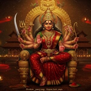 A majestic, fierce-looking Goddess Bhadrakali (Kodungallur Amma) seated on a golden throne, adorned in a deep red silk saree with gold border. Her eight arms hold traditional weapons - sword, shield, trident, conch, bell, bow, arrow, and a lotus. Her face radiates divine power with three eyes, adorned with a golden crown featuring intricate Kerala temple architecture patterns. Behind her, a large, ornate temple gopuram of Kodungallur temple rises, detailed in traditional Kerala architectural style with intricate wooden carvings. The background features mystical elements like floating oil lamps, sacred kumkum powder swirling in the air, and sacred cockerels (temple's traditional offering). The scene is illuminated by a supernatural golden light, creating an ethereal atmosphere. The art style combines traditional Keralan mural art with modern digital aesthetics, using rich colors like deep red, gold, and black. Sacred symbols like yantra patterns and Malayalam script motifs float subtly in the background. The overall composition creates a powerful, commanding presence while maintaining divine grace.