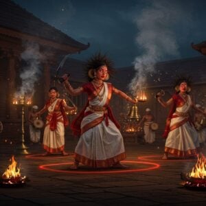 An ancient stone temple courtyard at twilight, where three Indian female oracle dancers in traditional Kerala attire (red and white) perform the intense Kodungallur Bharani ritual. Their faces show divine possession, with glowing eyes and disheveled hair flowing dramatically. They hold brass bells and ceremonial swords that catch the light of multiple brass nilavilakku (traditional oil lamps). The temple architecture features intricate Malayali craftsmanship with detailed wooden carvings. Swirling red and gold energy patterns inspired by Malayali art surround the dancers. In the background, a group of devotees in traditional Kerala mundus play percussion instruments (chenda, edakka). Smoke from ritual fires creates a mystical atmosphere, with golden sparks floating upward. The scene is rendered in a style merging traditional Pattachitra art with modern digital aesthetics, using deep reds, burnished golds, and black shadows. The lighting is dramatic, emphasizing the ritualistic fervor with warm glows from the lamps contrasting with the dusky atmosphere. Small details include symbolic roosters, sacred weapons, and traditional Kerala temple elements.