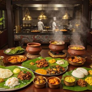 A bustling traditional Kerala-style thatched-roof restaurant interior with warm golden lighting, featuring a grand banana leaf spread on traditional bell-metal serving plates. The spread includes vibrant local delicacies - pearl-white karimeen pollichathu wrapped in banana leaves, golden-brown kallummakkaya (mussels) fry, ruby-red fish curry in earthen pots, and steaming puttu-kadala curry. In the background, a traditional open kitchen where Indian chefs in pristine white attire prepare dishes, with brass cookware hanging from wooden beams. Intricate Madhubani-style patterns adorn the walls in deep maroon and peacock blue. Steam rises artistically from the dishes, creating a misty ethereal effect. The scene is captured from a top-down 45-degree angle, with soft focus on the periphery and sharp detail on the central spread. The lighting creates a moody yet inviting atmosphere with spots of golden highlights on the metalware and food items. Decorative banana and jackfruit trees visible through window frames add depth. The overall composition should blend modern food photography aesthetics with traditional Kerala architectural elements.