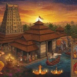 A grand aerial view of Kodungallur Bhagavathy Temple's traditional Kerala architecture with its distinctive copper-sheeted roof gleaming in golden sunset light, surrounded by lush coconut palms. In the foreground, a detailed Pattachitra-style illustration shows an Indian woman in traditional Kerala kasavu saree performing Bharatanatyam poses, her jewelry catching light. The middle ground features intricate Madhubani-style patterns depicting ancient spice trade ships at the historical port, with detailed patterns of pepper vines and cardamom. The scene seamlessly transitions into a surreal, ethereal backdrop where a large, glowing mandala floats in the sky, emanating soft blue and gold light. Traditional temple elephants adorned with ceremonial decorations stand majestically near the temple entrance. Multiple miniature vignettes in Phad art style show scenes from the Muziris heritage, including ancient Roman traders, traditional theyyam performers, and Buddhist scholars. The overall composition features a rich color palette of deep maroon, peacock blue, gold, and saffron, with subtle digital lighting effects creating an otherworldly atmosphere. A subtle overlay of sacred geometric patterns connects all elements, while floating lotus flowers and oil lamps create a mystical ambiance.