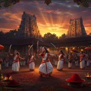 A dramatic scene of the Kodungallur Bharani festival at dusk, featuring a group of oracle priestesses (Velichapads) in traditional red and white attire, their hair flowing wildly, performing the sacred dance with ceremonial swords raised high. The magnificent Kodungallur Bhagavathy Temple stands in the background, its traditional Kerala architecture illuminated by warm golden light. The temple courtyard shows devotees in red garments carrying ceremonial umbrellas and traditional percussion instruments. The sky features mystical swirls of deep orange and purple clouds, with rays of divine light breaking through. In the foreground, ritual items including vermillion powder, sacred lamps, and scattered red flowers create depth. Stylized peacocks and sacred serpent motifs frame the scene in traditional Pattachitra style. The artwork combines hyperrealistic details with ethereal elements, incorporating both Madhubani patterns and modern digital art techniques. The lighting emphasizes the mystical atmosphere with a combination of temple oil lamps and celestial glow.