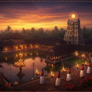 A majestic aerial view of the ancient Kodungallur Bhagavathy Temple complex at twilight, with its traditional Kerala architecture featuring copper-plated roofs gleaming in golden hour light. The temple pond reflects the sky's deep oranges and purples. In the foreground, a group of devotees in traditional Kerala attire (white and gold mundu-kasavu) carry ornate brass lamps for the evening ritual. Intricate Madhubani-style patterns frame the scene, incorporating symbols of Bhadrakali like the sword and shield. The temple grounds show blooming red hibiscus flowers and traditional Kerala oil lamps. Ethereal light streams through coconut palms, creating a mystical atmosphere. The scene is rendered in a harmonious blend of deep maroons, burnished golds, and peaceful blues, with detailed architectural elements showing the temple's historic Chera dynasty influence. The overall composition has a surreal, spiritual quality with soft glowing halos around the temple spires and subtle mandala patterns in the sky. Hyperrealistic digital art style with traditional Kerala mural art influences.