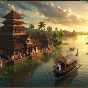 A majestic aerial view of Kodungallur temple complex at golden hour, featuring the ancient Bhagavathy temple's distinctive Kerala architecture with copper-tiled roofs and intricate wooden carvings. In the foreground, a beautifully detailed traditional Kerala-style wooden boat (chundan vallam) adorned with peacock motifs glides through serene backwaters. The scene is complemented by coconut palms swaying in the breeze, their shadows creating intricate patterns on the water. The background showcases the historical Cranganore Fort bathed in warm sunlight, with hints of Chinese fishing nets along the coastline. Small groups of pilgrims in traditional Kerala attire walking along the temple premises. The artistic style combines hyperrealistic digital rendering with traditional Malayali art elements, featuring rich colors of deep gold, forest green, and royal blue. Mystical golden light streams through clouds, creating a divine atmosphere. The scene includes subtle references to the area's spice trade heritage with cinnamon and pepper vines decorating the borders. The overall composition should evoke a sense of timeless heritage merged with modern vibrancy.