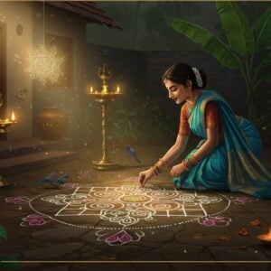 A serene early morning scene featuring an elegant Indian woman in a traditional silk saree (peacock blue and gold) creating an intricate Kolam pattern outside her home. The Kolam design is large, geometrically precise, and glowing with subtle white light, incorporating traditional rice flour with swirling patterns of dots, lines, and lotus motifs. The surrounding area shows a traditional South Indian house with brass lamps and banana leaves. The scene is illuminated by the warm golden rays of dawn, casting long shadows that dance across the Kolam. Small birds are delicately pecking at the rice flour pattern, symbolizing the feeding of other beings. The artistic style combines Madhubani's detailed precision with modern digital art techniques, featuring rich colors and ethereal lighting. Floating geometric patterns and mandalas in soft pastel hues enhance the spiritual atmosphere. The woman's movements are graceful, her fingers expertly creating the pattern, with bangles glinting in the morning light. Small dewdrops on nearby tulsi plant sparkle like diamonds, adding to the magical atmosphere.