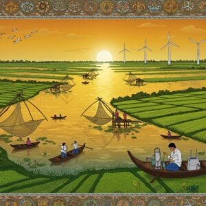 A serene aerial view of the Kole Wetlands at golden sunset, rendered in rich Madhubani-inspired style with intricate patterns. The wetland's water reflects golden light, dotted with traditional Kerala fishing nets and boats in detailed mandala patterns. Migratory birds in flight form flowing, decorative patterns against a gradient sky of deep saffron to peacock blue. The landscape features vibrant green paddy fields in geometric patterns, outlined in traditional Indian art motifs. In the foreground, two Indian conservation scientists in modern field gear study water samples, their equipment decorated with intricate Kerala-style designs. Surrounding the scene are detailed borders of local flora and fauna - water lilies, kingfishers, and egrets - illustrated in ornate Pattachitra style. The lighting creates a mystical atmosphere with soft glowing highlights on the water surface, while modern wind turbines in the distance blend harmoniously with traditional elements. The entire composition maintains a balance between ecological modernity and traditional Indian artistic elements, with a color palette of deep greens, golds, and peaceful blues.