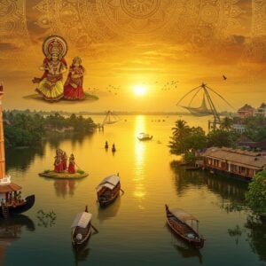 A panoramic aerial view of Kollam's iconic Ashtamudi Lake during golden sunset, with traditional Kerala houseboats adorned with intricate Madhubani-style patterns gliding across calm waters. In the foreground, a detailed representation of Thangassery Lighthouse stands tall, rendered in a fusion of traditional Pattachitra and modern digital art style. The scene features coconut palms swaying against the backdrop of emerald backwaters. Rich cultural elements include kathakali dancers performing on a small island, their costumes depicted in deep peacock blues and vibrant greens. The sky transforms into a mandala-inspired pattern featuring traditional Kerala mural art motifs in gold and saffron. Ancient Chinese fishing nets are silhouetted against the horizon, while cashew trees laden with fruits line the shores. The water reflects golden light, creating a ethereal, surreal atmosphere. The scene incorporates subtle elements of Portuguese colonial architecture in the distance, with detailed spice trading boats in the traditional style anchored at the port. Modern buildings seamlessly blend with traditional architecture, all rendered in a harmonious palette of deep maroons, ocean blues, and warm golds. The overall composition creates a dreamy, photorealistic quality while maintaining traditional Indian artistic elements.