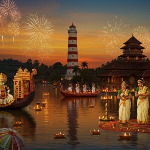 A vibrant panoramic scene of Kollam's Ashtamudi Lake during sunset, with traditional Kerala snake boats (Chundan Vallam) adorned with golden decorations gliding across the water. In the foreground, Kathakali dancers in elaborate green and red costumes and dramatic makeup perform dynamic poses. The background features the iconic Thangassery Lighthouse illuminated with warm lights. The scene includes traditional Kerala temple architecture with intricate wooden carvings and copper-plated roofs. Local artists perform Thiruvathirakali in traditional Kerala sarees (cream with golden borders) forming a circular dance pattern. Floating oil lamps and colorful umbrellas dot the lake surface. The sky features bursting fireworks in gold and deep blues, reflecting in the calm waters. The overall composition follows a Pattachitra-inspired style with modern digital elements, incorporating rich golds, deep maroons, and peaceful blues. Ethereal lighting bathes the scene in a mystical glow, while detailed Malayali architectural motifs and temple elements frame the composition. The atmosphere captures both the festive energy and spiritual significance with a dreamy, cinematic quality.