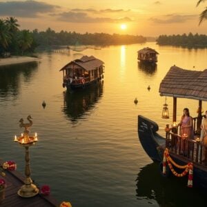 A stunning aerial view of Ashtamudi Lake during golden sunset, with traditional Kerala houseboats adorned with intricate Madhubani-style patterns gliding across mirror-like waters. In the foreground, a detailed traditional wooden jetty decorated with brass lamps and fresh jasmine garlands. The scene captures coconut palms swaying against a dreamy sky painted in rich saffron and deep peacock blue hues. Pristine sandy beaches of Kollam curve gracefully in the background, while Chinese fishing nets silhouette against the horizon. A group of three elegantly dressed Indian tourists (two women in modern fusion wear and one man) are captured candidly enjoying the view from a luxurious houseboat deck. The water reflects ethereal golden light, creating magical patterns. The composition includes subtle elements of Kerala architecture with tiled roofs and wooden carvings. The scene is enhanced with soft glowing lanterns, creating a serene, inviting atmosphere. Style: photorealistic digital art with traditional Kerala artistic elements, cinematic lighting, high-end travel photography aesthetic, 4K quality, ultra-detailed.