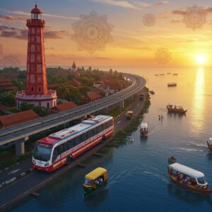 A vibrant aerial view of Kollam's iconic Thangassery lighthouse at sunset, casting golden rays across a modern transportation hub below. In the foreground, a sleek electric KSRTC bus in Kerala's characteristic red and yellow colors glides past traditional Kerala-style buildings with sloped terracotta roofs. A modern metro train, adorned with Malayalam-inspired geometric patterns, curves gracefully on an elevated track. The backwaters shimmer with solar-powered water taxis, their designs incorporating traditional Kerala snake boat elements. The scene is rendered in a harmonious blend of traditional Madhubani patterns and contemporary digital art style, with intricate mandalas floating in the sky like clouds. The color palette features deep peacock blues of the Arabian Sea, warm saffron of the setting sun, and rich maroon accents. Small traditional boats with white and gold details dot the waterways, while electric auto-rickshaws painted in metallic gold and peacock blue create movement in the streets. The overall composition suggests a seamless fusion of Kerala's traditional transport heritage with futuristic, sustainable mobility solutions.