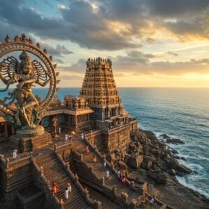 A majestic aerial view of Koneswaram Temple perched dramatically on Swami Rock cliff in Trincomalee, surrounded by the stunning azure waters of the Indian Ocean. The temple's traditional Dravidian architecture features intricate golden gopurams with detailed sculptures, highlighted by warm sunset light. In the foreground, a massive bronze Nataraja statue in traditional dancing pose with four arms holding damaru, agni, abhaya mudra, and dane pose, emanating a divine blue aura. The scene is enhanced with floating lotus flowers, glowing diyas, and subtle mandala patterns in the sky. Mythical makara creatures adorning the temple corners come alive with a subtle golden glow. The lighting creates a mystical atmosphere with golden hour rays filtering through clouds, casting long shadows across the ancient stone steps. Style combines hyperrealistic architectural details with ethereal Indian traditional art elements, featuring rich colors of deep blue ocean, saffron temple walls, and gold accents. The scene should include small groups of devotees in traditional Tamil attire ascending the temple steps, adding scale and human element to the magnificent structure.