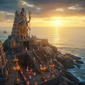 A majestic aerial view of Koneswaram Temple perched dramatically on Swami Rock in Trincomalee, illuminated by a golden sunrise. The ancient Dravidian architecture features intricately carved gopurams with traditional Tamil designs in rich maroon and saffron colors. Lord Shiva's massive bronze statue stands prominently, with three heads and four arms, holding his signature trishul, damaru, and displaying abhaya mudra. The temple is surrounded by the deep blue Indian Ocean with ethereal light rays piercing through morning mist. In the foreground, detailed Chola-era stone carvings tell stories from temple's history, while floating lotus flowers and oil lamps create a spiritual atmosphere. The scene is enhanced with glowing mandalas in the sky, and peacock motifs adorning the temple walls. The art style combines hyperrealistic architectural details with mystical elements, featuring a color palette of deep ocean blue, gold, saffron, and warm morning light. Several devotees in traditional Tamil attire are seen performing morning rituals, their silhouettes creating a sense of scale and continuity of tradition.