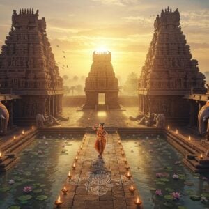 A majestic aerial view of ancient Dravidian temples with towering gopurams in rich earthy tones, emerging from a mystical morning mist. The temples feature intricate Chola architecture with multiple tiers adorned with detailed sculptures of deities and mythological scenes. In the foreground, a serene water body reflects the golden sunrise, with floating lotus flowers in soft pink and white. Two traditional Tamil temple dancers in vibrant silk costumes (one in peacock blue and another in deep maroon) perform bharatanatyam mudras near ornate stone mandapams. The scene is enhanced with ethereal light rays filtering through the morning fog, illuminating the sacred spaces. Stone elephants guard the temple entrances, decorated with traditional temple jewelry. Intricate kolam patterns in white adorn the foreground. The art style combines hyperrealistic digital rendering with traditional Tanjore painting elements, featuring rich gold accents, deep jewel tones, and intricate patterns. Small oil lamps with glowing flames line the temple pathways, creating a mystical atmosphere. The overall composition suggests spirituality, ancient wisdom, and cultural heritage, rendered in a modern artistic style with dramatic lighting and atmospheric depth.