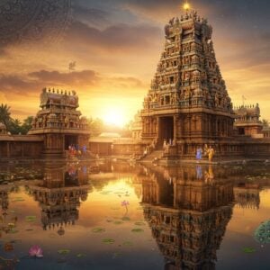 A majestic aerial view of the Koodal Azhagar Temple complex during sunrise, with golden sunrays illuminating its ornate Dravidian architecture gopuram decorated with intricate sculptures. The temple's reflection shimmers in a tranquil lotus pond in the foreground. Lord Vishnu as Azhagar stands tall in the center, depicted with four arms holding the Sankha, Chakra, Gadha, and Padma, wearing a radiant crown and adorned with traditional temple jewelry. Modern luxury hotels and guest houses blend seamlessly into the traditional landscape, rendered in a mix of Madhubani and digital art style. The scene features detailed patterns of peacocks, lotus motifs, and geometric mandalas in rich colors of deep blue, gold, and saffron. Soft glowing orbs of light float around the temple, creating an ethereal atmosphere. A group of pilgrims in contemporary clothing walking towards the temple, suggesting accessibility. The overall composition balances ancient architectural grandeur with modern comfort elements, rendered in a dreamy, spiritual aesthetic with photorealistic details.