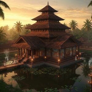 A majestic aerial view of Kottarakkara Temple during golden sunset, showcasing its distinctive Kerala architectural style with multi-tiered copper-plated roof (kodimaram) gleaming in warm light. The temple's ornate structure features intricate wooden carvings of mythological scenes, surrounded by traditional Kerala-style lamp posts (vilakkumadam) emitting a soft, ethereal glow. In the foreground, a serene temple pond reflects the structure like a mirror, with blooming lotus flowers. The temple walls showcase detailed Madhubani-style murals depicting scenes from Krishna leela, painted in rich colors of deep maroon, royal blue, and gold. Traditional Malayalam-style elephant motifs adorn the temple pillars. Towering coconut palms frame the scene, their leaves casting intricate shadows. The atmosphere is mystical with hints of incense smoke curling in the air, creating a dreamlike haze. A few devotees in traditional Kerala attire can be seen performing pradakshina around the temple. The entire scene is rendered in a style blending traditional Kerala mural art with modern digital aesthetics, emphasizing the architectural grandeur and spiritual ambiance.