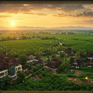 A panoramic aerial view of Kottayam city at golden hour, featuring vast rubber plantations in vibrant green stretching to the horizon, interspersed with silvery waterways of Meenachil river. In the foreground, a modern glass-and-steel building with traditional Kerala architectural elements (sloped terracotta roof, wooden details) represents development. The middle ground shows clusters of traditional Kerala-style houses with sloping roofs amidst coconut palms. The background reveals misty Western Ghats mountains in soft blues. The scene includes small spice markets with colorful heaps of black pepper and cardamom, rubber tappers at work in traditional attire, and modern IT parks reflecting sunset light. The composition uses a rich color palette of emerald greens, warm golds, and deep browns, rendered in a style blending hyperrealistic digital art with traditional Keralan mural art patterns in the sky. Ethereal lighting casts a divine glow over the landscape, with small light orbs floating around key elements. The scene is framed by intricate Kerala-style architectural motifs in gold filigree.